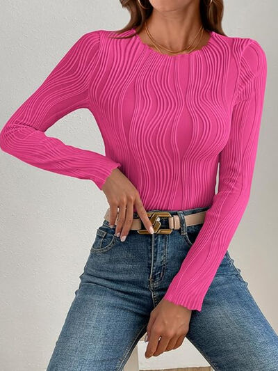Textured Round Neck Long Sleeve Top - - women's top