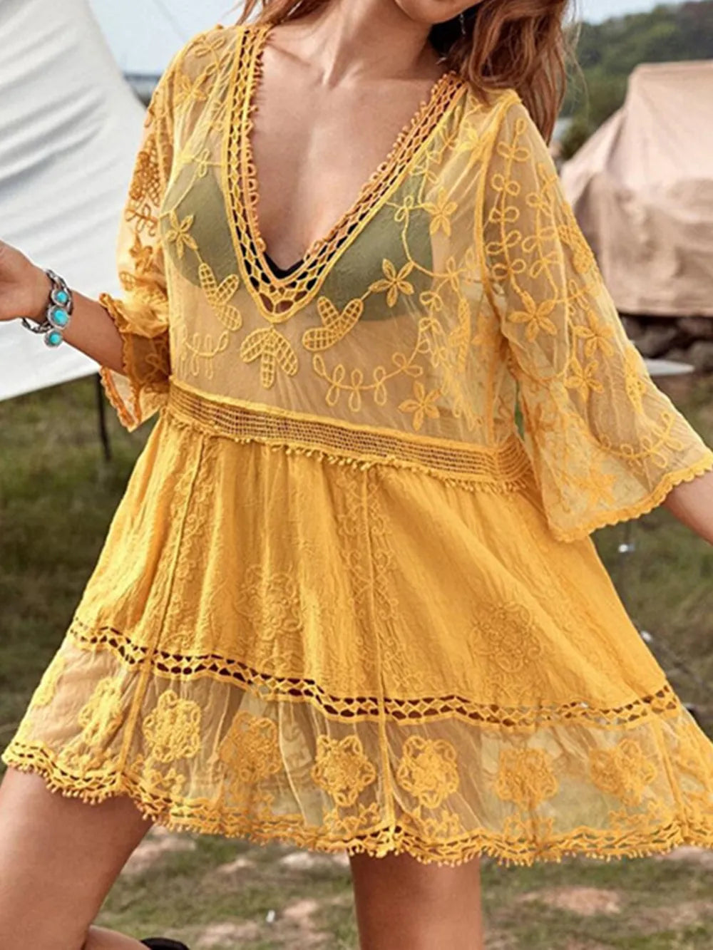 Lace Detail Plunge Cover-Up Dress – Sheer Elegance for Sun-Soaked Days - - Cover up dress