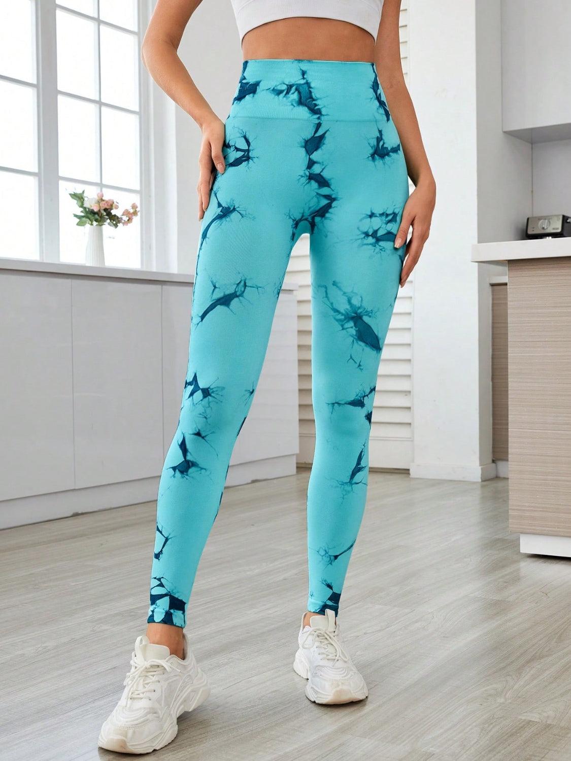 Printed High Waist Active Leggings - Turquoise - LEGGINGS