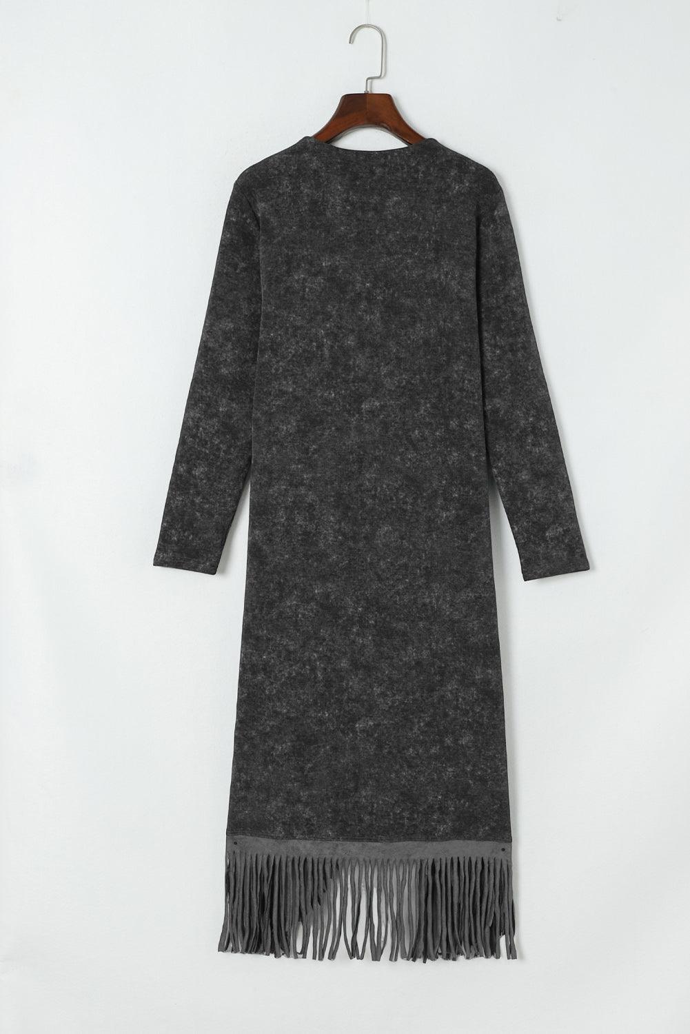 Women's Black Mineral Washed Tassel Open Front Long Cardigan - - Cardigans
