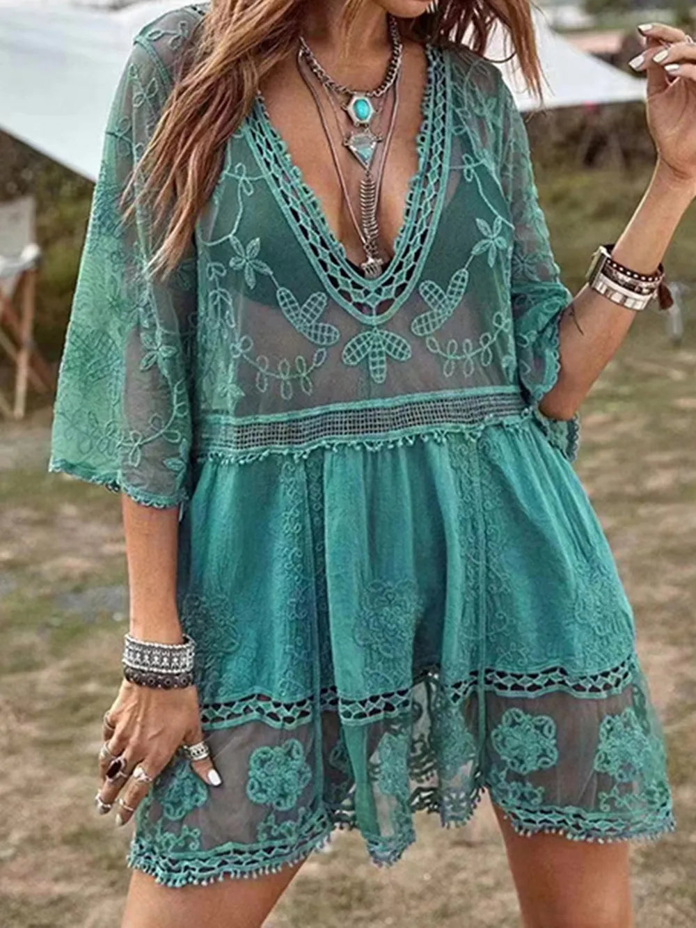 Lace Detail Plunge Cover-Up Dress – Sheer Elegance for Sun-Soaked Days - Teal One Size - Cover up dress