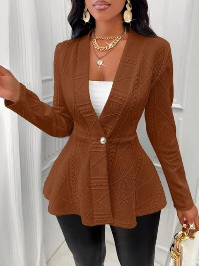 One Button Textured Peplum Cardigan - Dark Brown - Cardigans