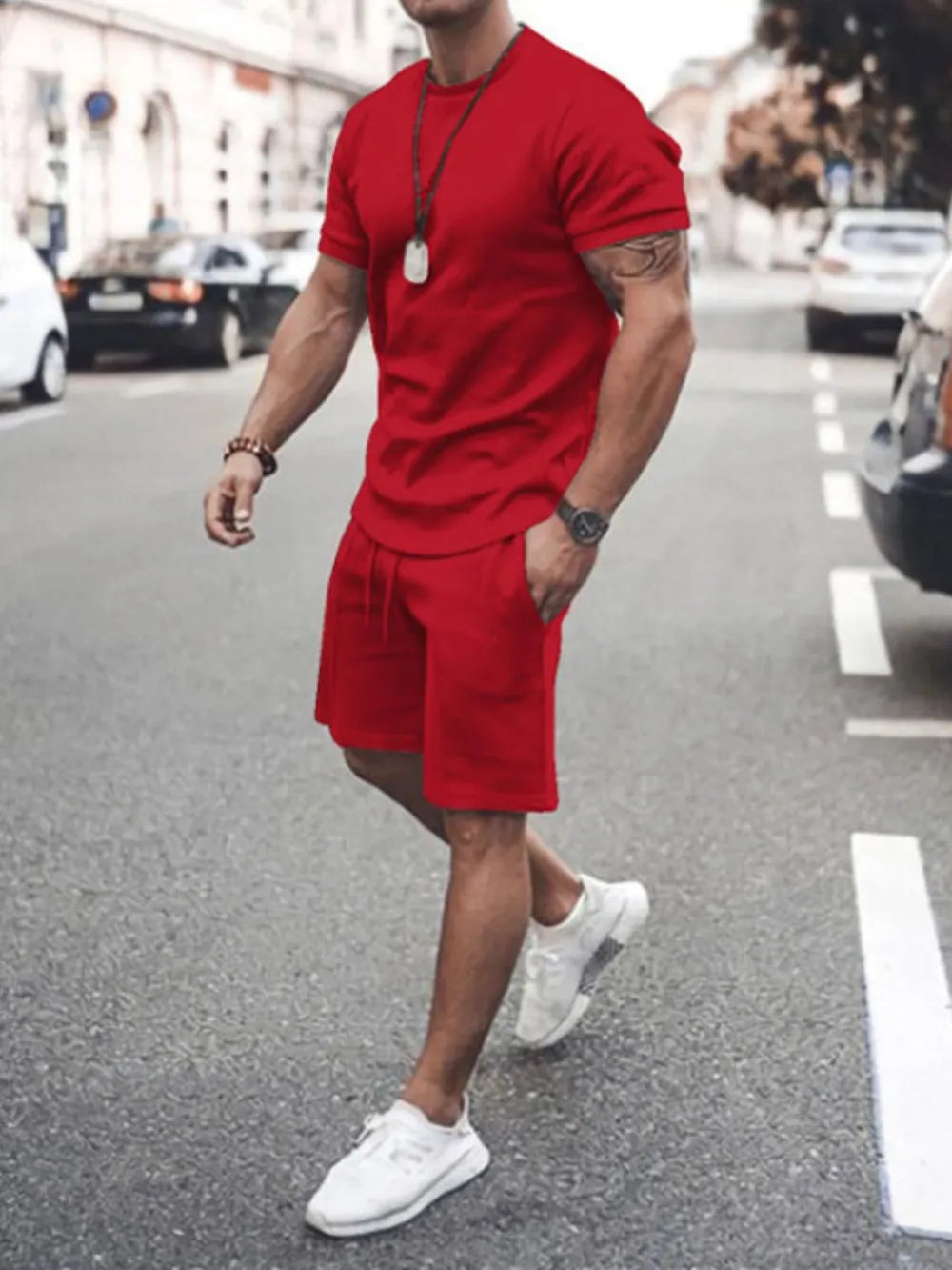Men’s Plus Size 2-Piece Set – Round Neck Tee & Shorts Combo - Red - Men's 2-Piece Set – Round Neck Tee & Shorts Combo