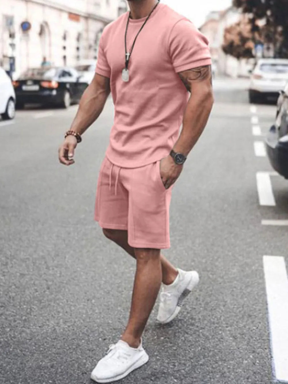 Men’s Plus Size 2-Piece Set – Round Neck Tee & Shorts Combo - Dusty Pink - Men's 2-Piece Set – Round Neck Tee & Shorts Combo