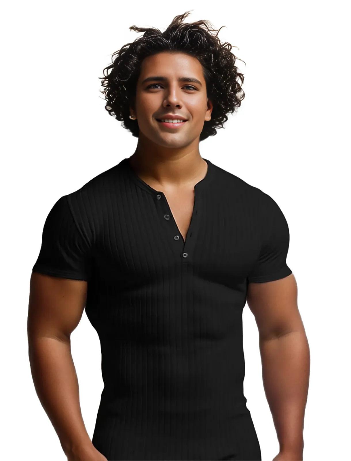 Men's V-Neck Polyester T-shirt for Running and Fitness - Black - Men's Fashion - Men's Clothing - Tops & Tees - T-Shirts