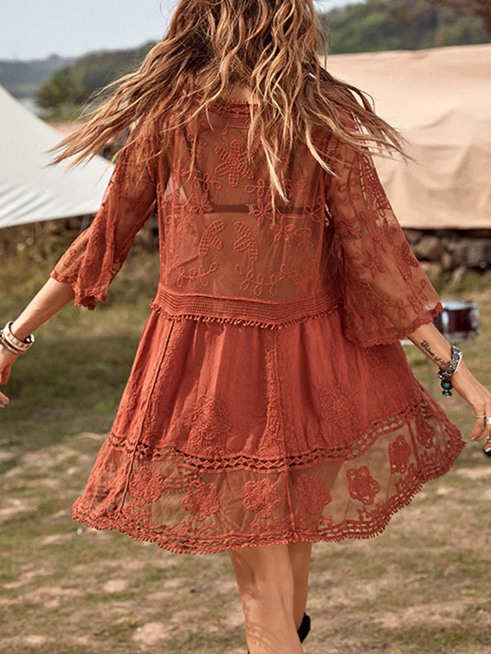 Lace Detail Plunge Cover-Up Dress – Sheer Elegance for Sun-Soaked Days - - Cover up dress