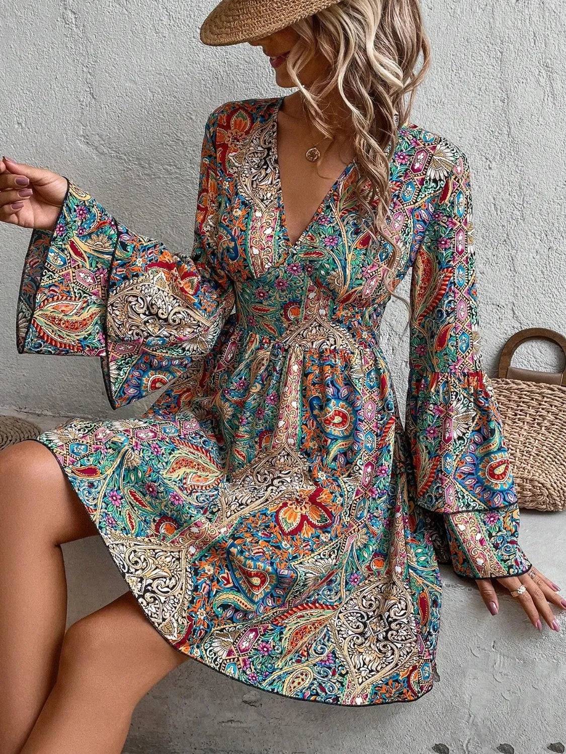 Printed V-Neck Flounce Sleeve Dress – Boho Tiered Silhouette - - sleeve dress