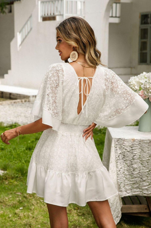 Lace Cutout Surplice Half Sleeve Dress - - Women's Fashion - Women's Clothing - Suits & Sets - Women's Sets