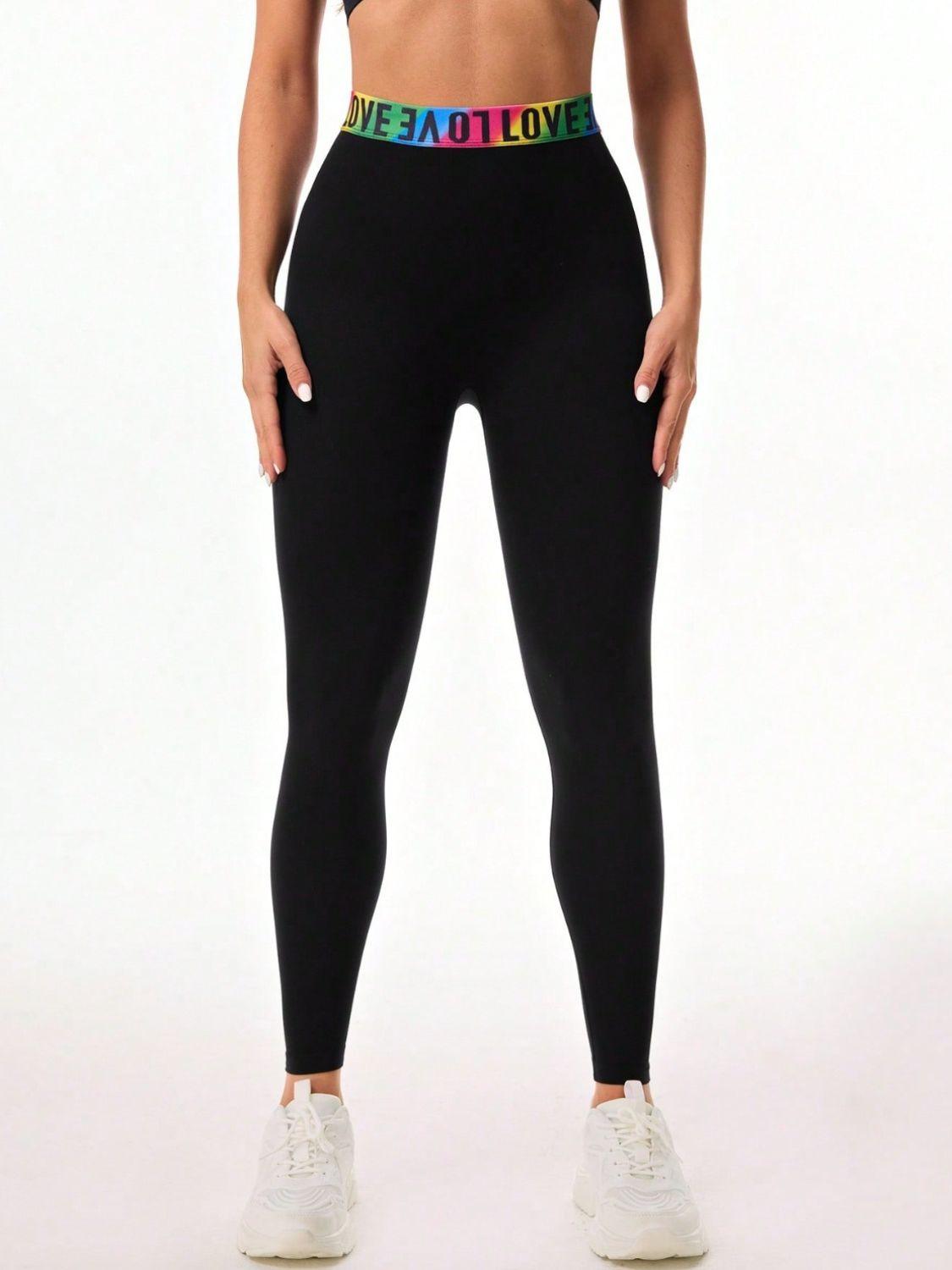 Letter Printed High Waist Active Leggings - Black - LEGGINGS