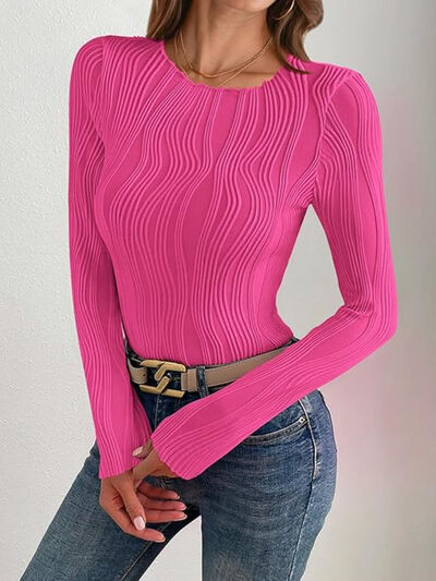 Textured Round Neck Long Sleeve Top - - women's top