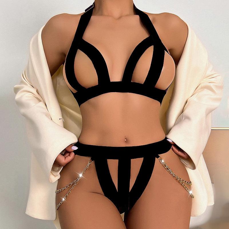 New Women's Breathable Flirt Underwear+thong Fashion Comfortable Sexy Lace Half Cup Cover Steel Ring Gathered Temptation Bra Set - - lingerie