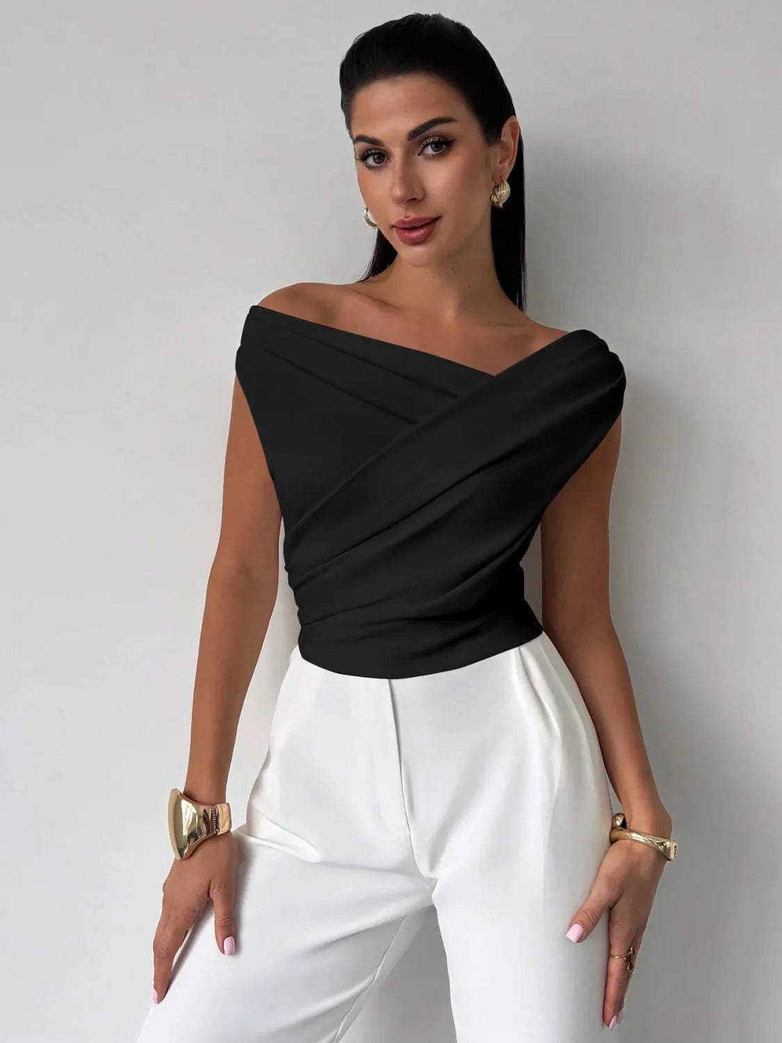 Asymmetrical Ruched Short Sleeve Top – Bold Cut with Modern Fit - - Women's Clothing > Blouses & Shirts