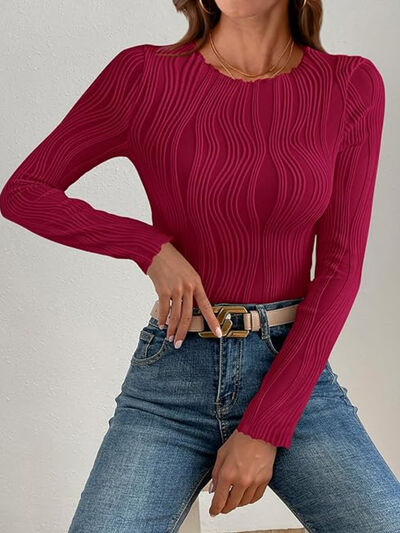 Textured Round Neck Long Sleeve Top - Deep Red - women's top