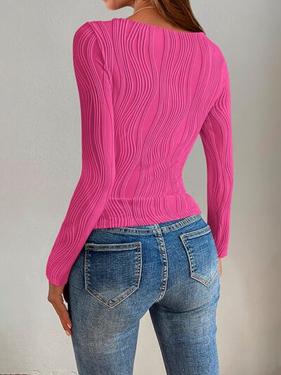 Textured Round Neck Long Sleeve Top - - women's top