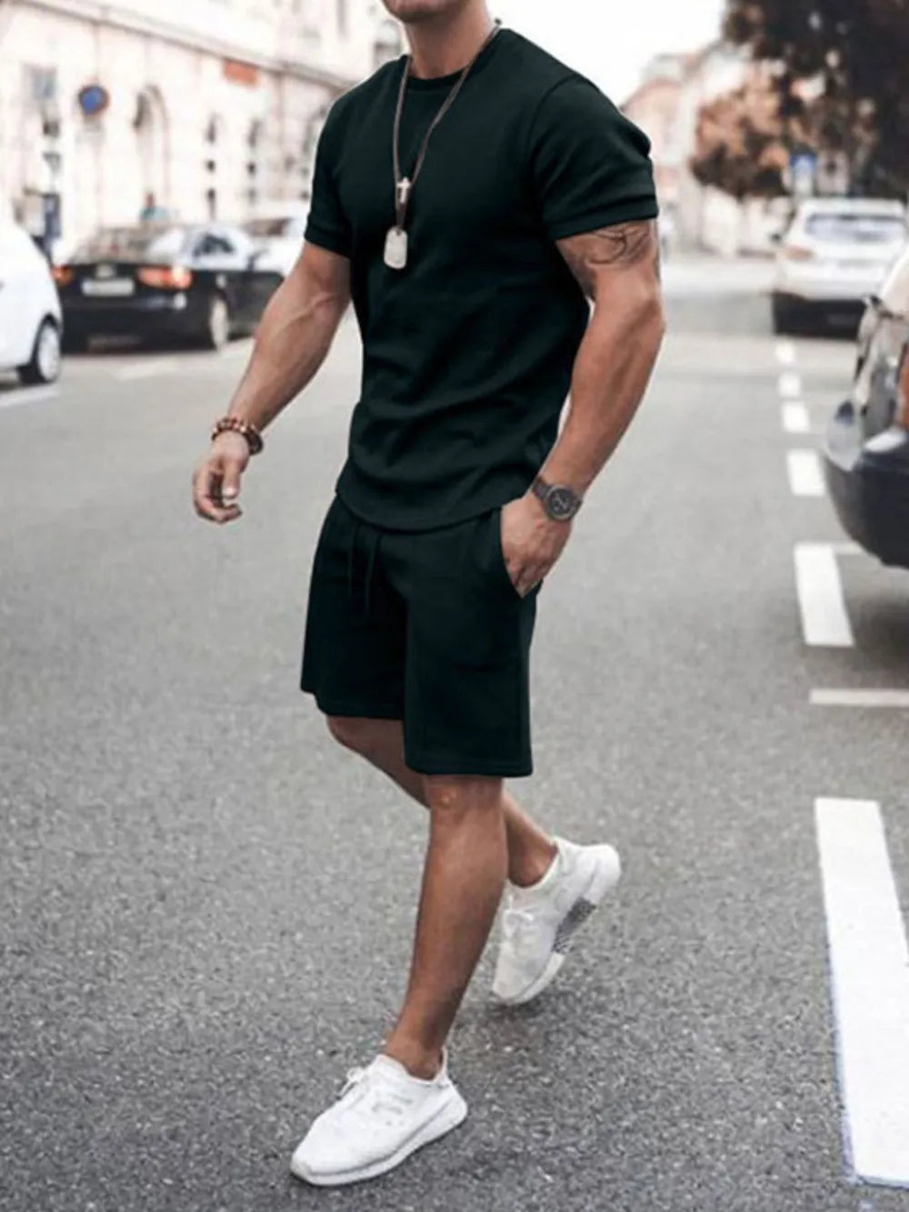 Men’s Plus Size 2-Piece Set – Round Neck Tee & Shorts Combo - Black - Men's 2-Piece Set – Round Neck Tee & Shorts Combo