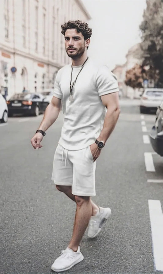 Men’s Plus Size 2-Piece Set – Round Neck Tee & Shorts Combo