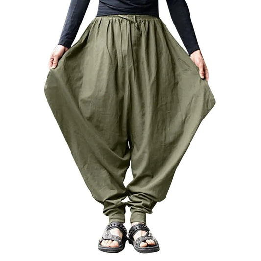 Men's Harem Pants Cotton Linen Festival Baggy Solid Trousers Retro Gypsy Pants Oversized Cross-pants Harajuku Japanese Pantalon - Green - pants