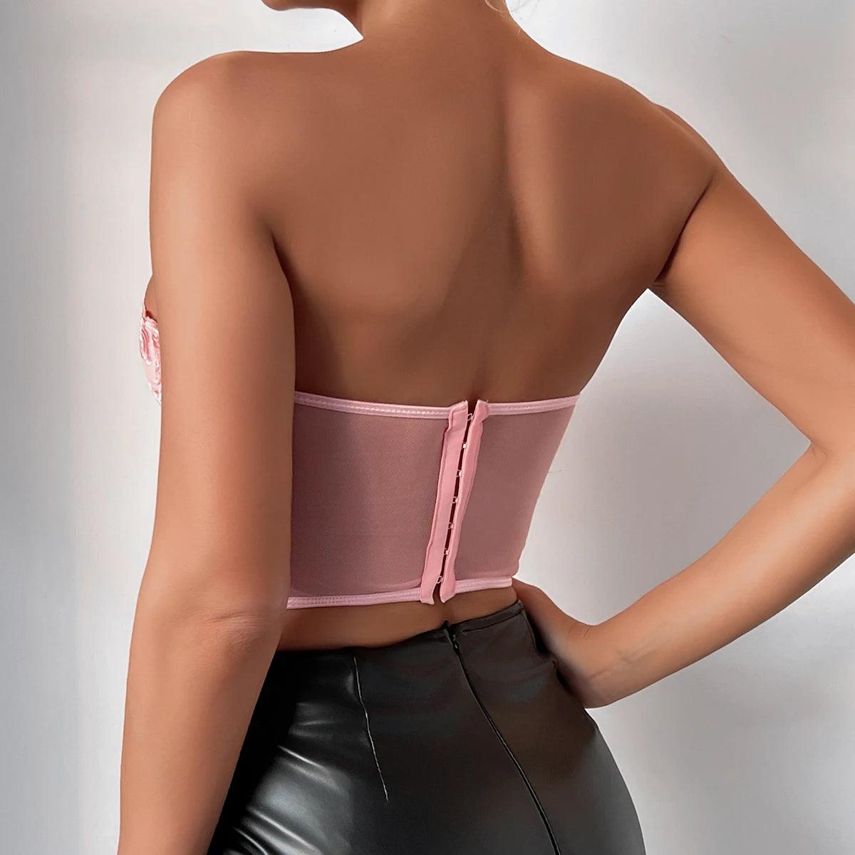 Yimunancy Strapless Crop Top Women Floral Backless Top Ladies Black Sexy Top Clubtwear - - top