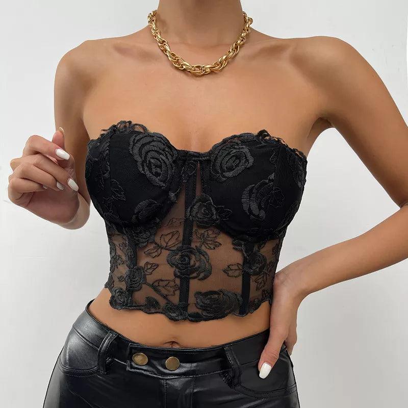 Yimunancy Strapless Crop Top Women Floral Backless Top Ladies Black Sexy Top Clubtwear - - top