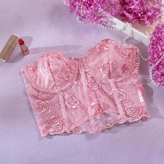 Yimunancy Strapless Crop Top Women Floral Backless Top Ladies Black Sexy Top Clubtwear - Pink - top