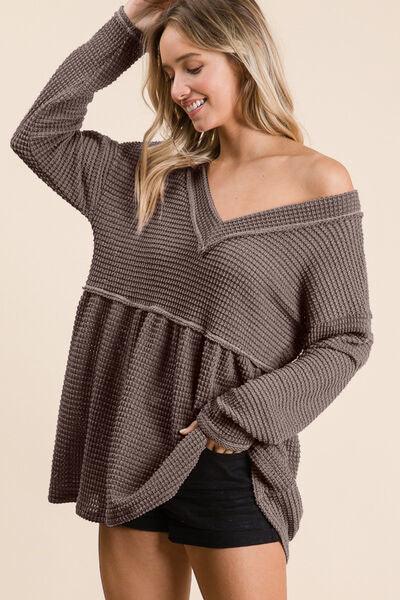 BiBi Waffle Knit V-Neck Babydoll Blouse - - Women's Fashion - Women's Clothing - Tops & Tees - Tank Tops