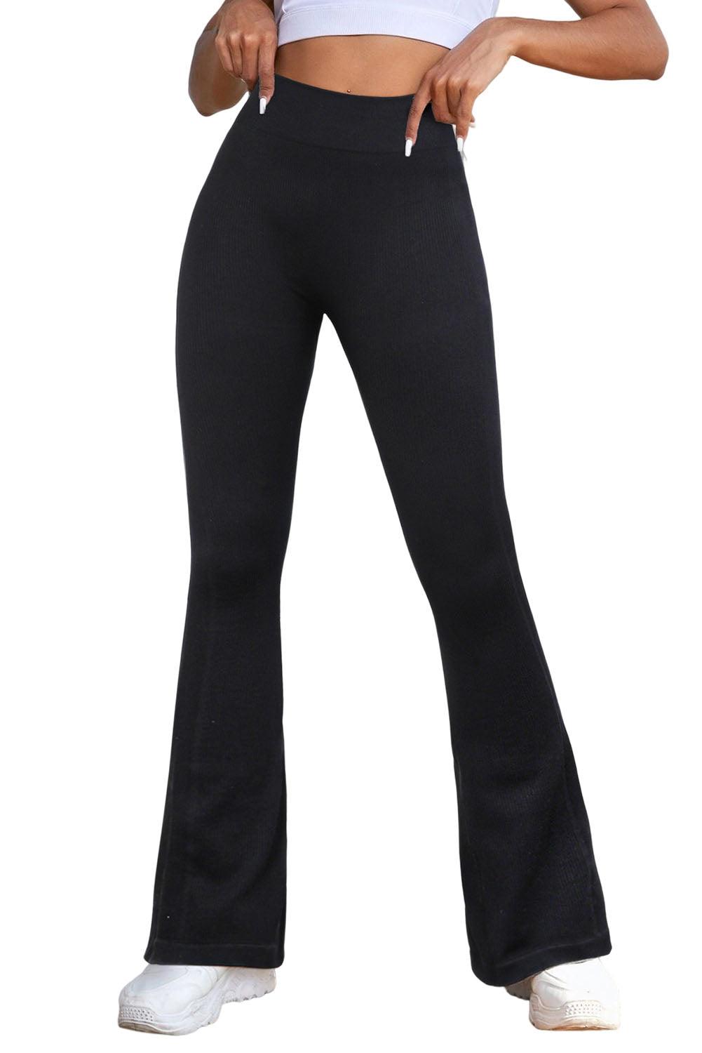 Women's Black Basic Tummy Control High Waisted Flared Sports Pants - - Workout Leggings