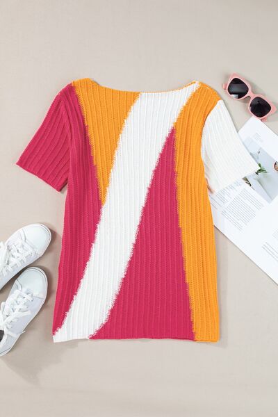 Textured Color Block Short Sleeve Sweater - -