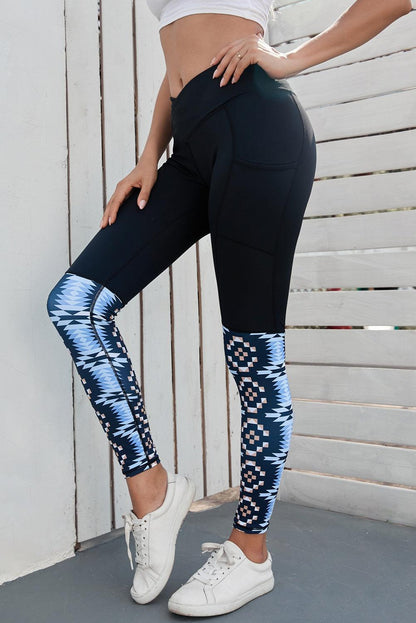 Women's Black Yoga Crossover Geometric Print Patchwork High Waisted Leggings - - Workout Leggings