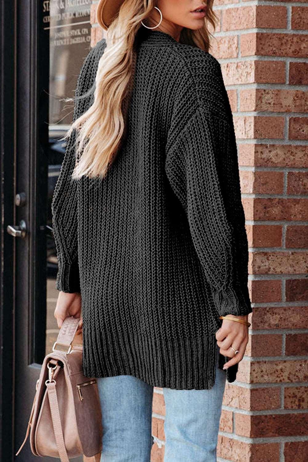 women's Black Solid Color Buttoned Down Casual Knitted Cardigan - - Cardigans