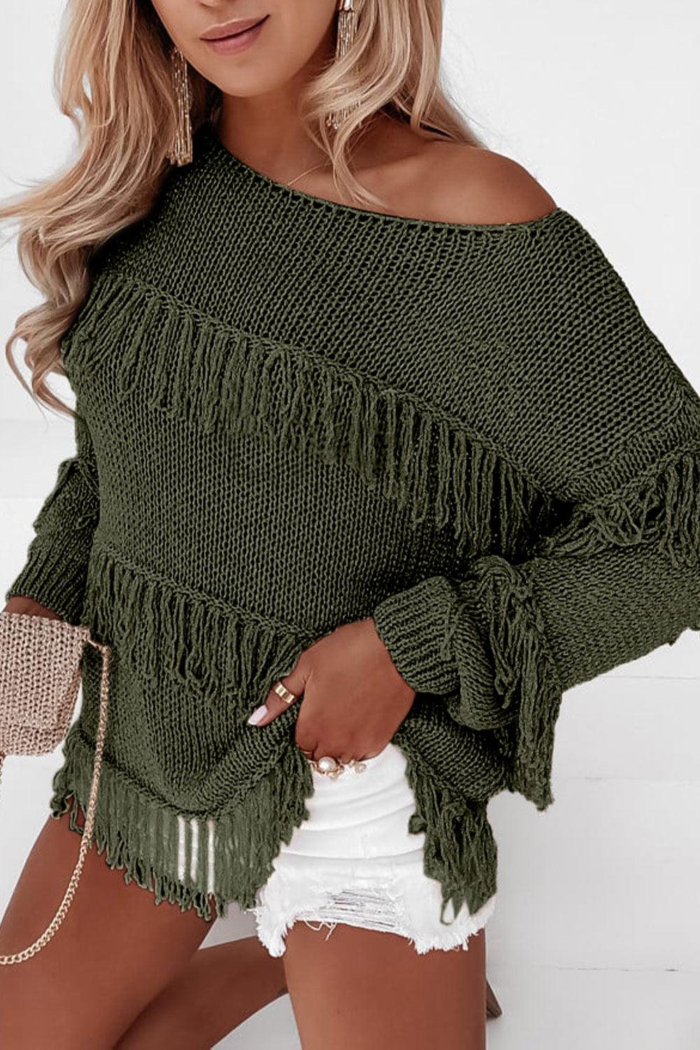 Women's Khaki Boho Fringe Tasseled Knitted Sweater - Pickle Green - Sweaters