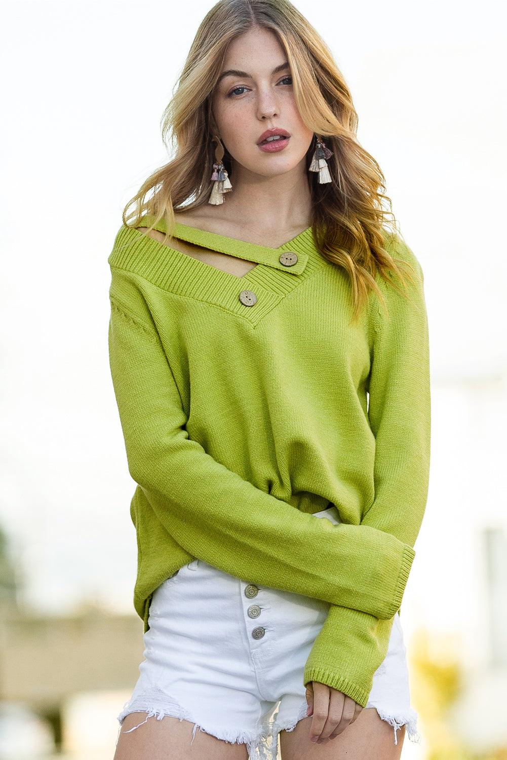 Women's Green V Neck Ribbed Contrast Long Sleeve Sweater - - Sweaters