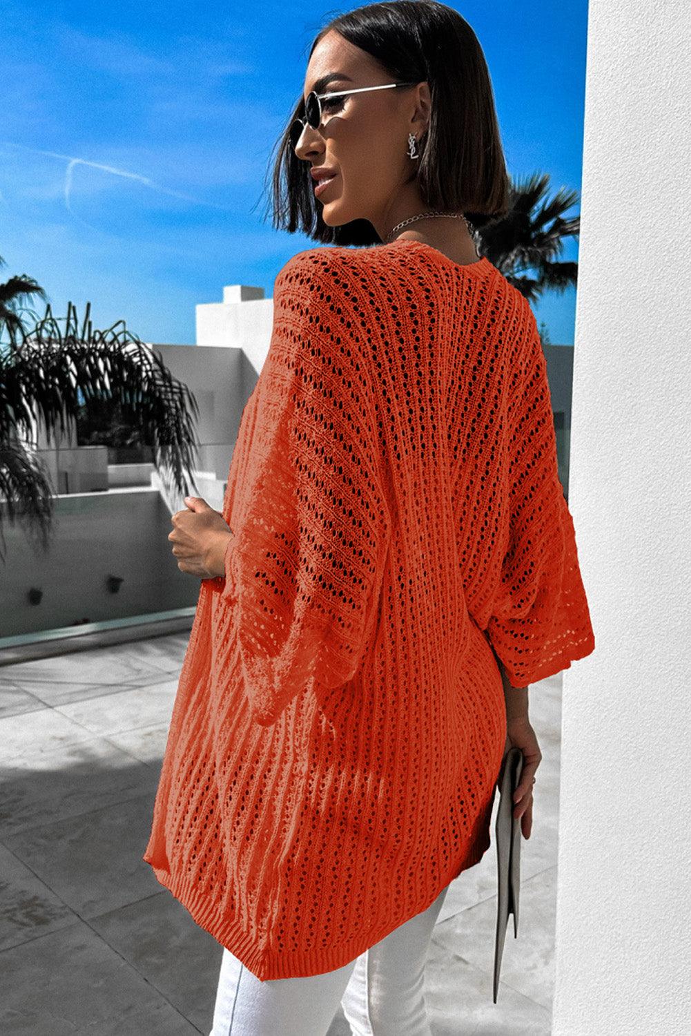 Women's Orange Hollow-out Bracelet Sleeve Knit Cardigan - - Cardigans