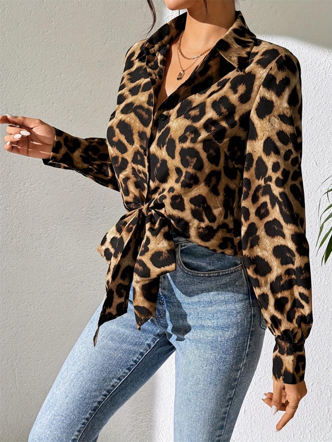 Leopard Print Collared Long Sleeve Button-Up Shirt – Chic & Comfortable - - Women's Fashion - Women's Clothing - Tops & Tees - Tank Tops