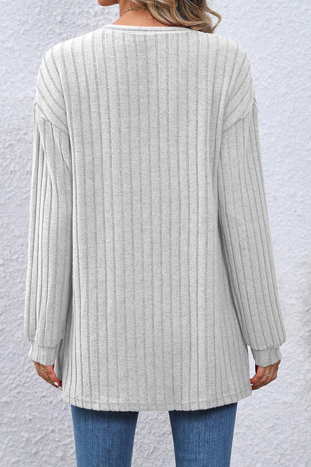 Women's Gray Ribbed Knit Open Front Drop Sleeve Cardigan - - Cardigans