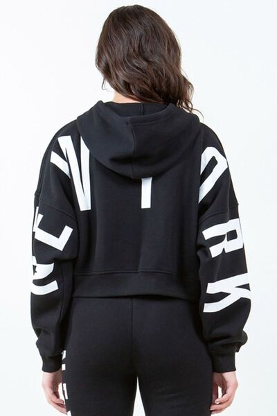 American Bazi Letter Graphic Long Sleeve Drawstring Cropped Hoodie - Black -