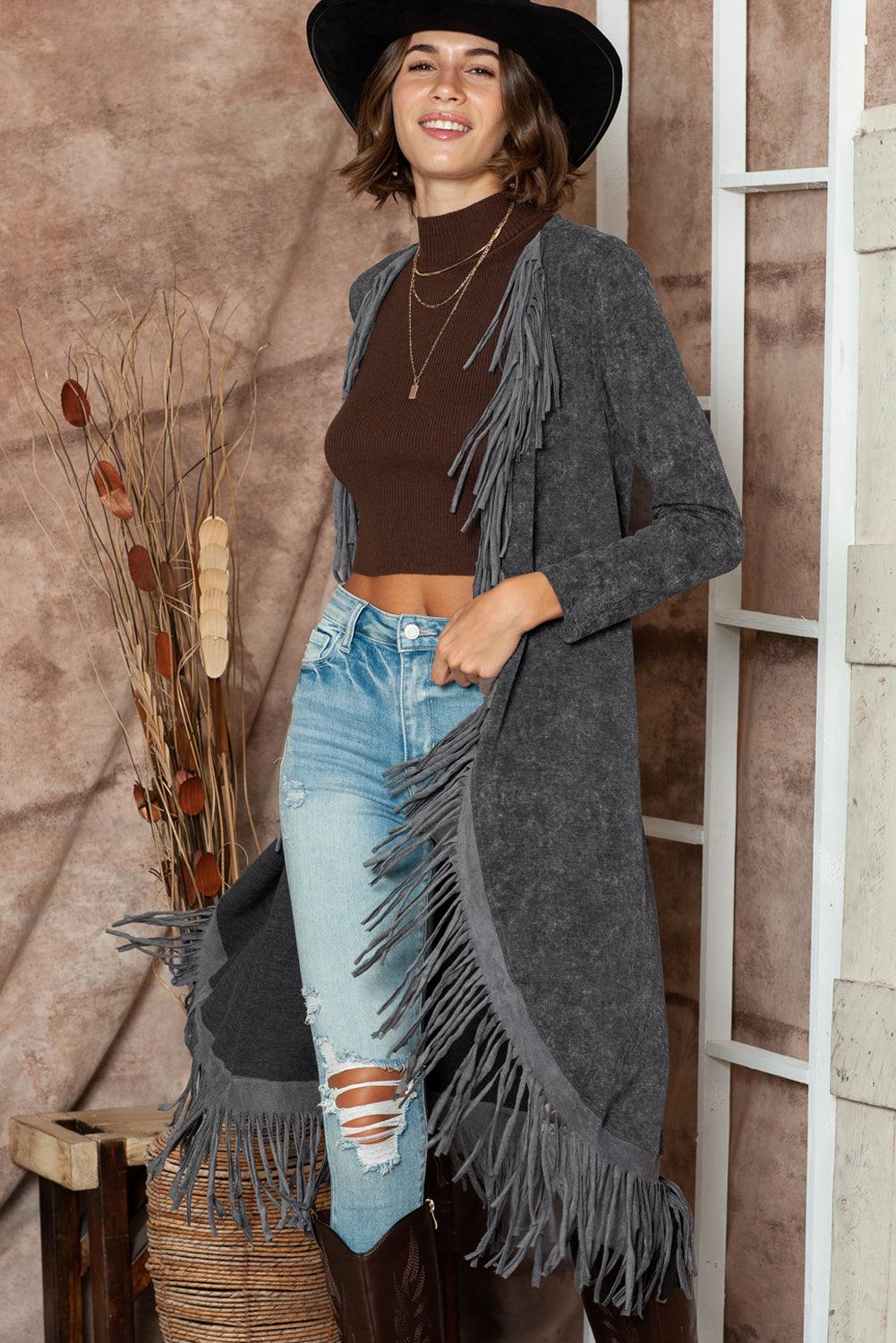 Women's Black Mineral Washed Tassel Open Front Long Cardigan - - Cardigans