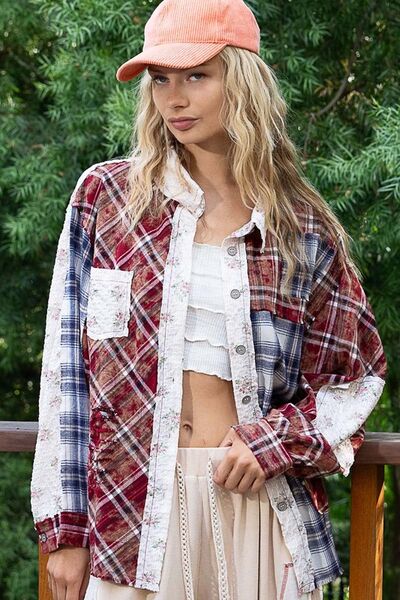 POL Patchwork Plaid Button Up Shirt - -