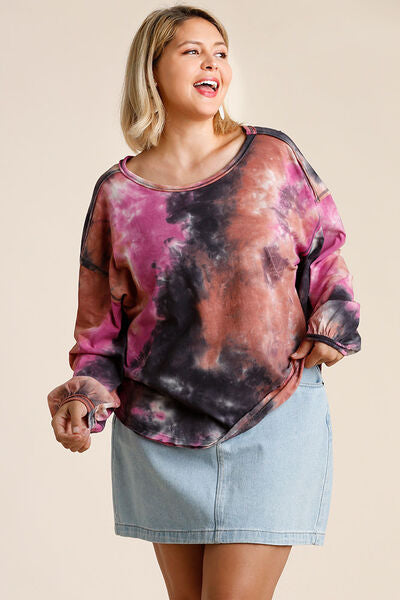 Umgee Full Size Tie Dye Round Neck Long Balloon Sleeve Top Plus Size - -