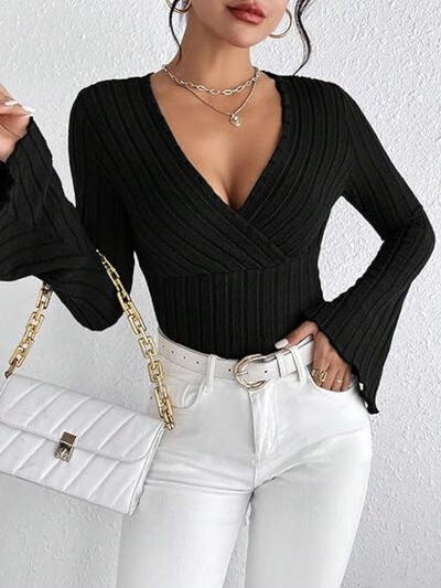 Ribbed Flare Sleeve Top - - clothing top