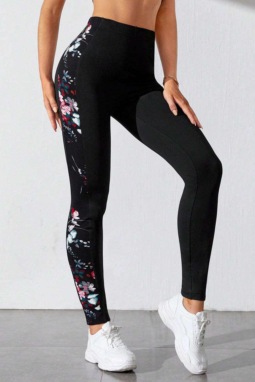 Women's Black Floral Print Patch High Waist Leggings - - Leggings