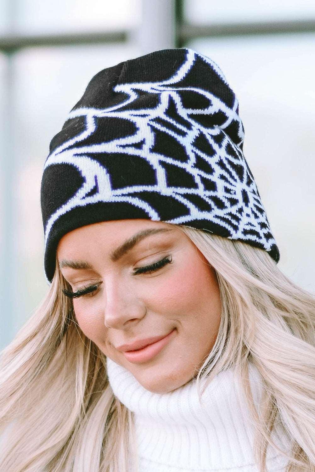 Women's Black Halloween Cobweb Pattern Woolen Hat - - Hats