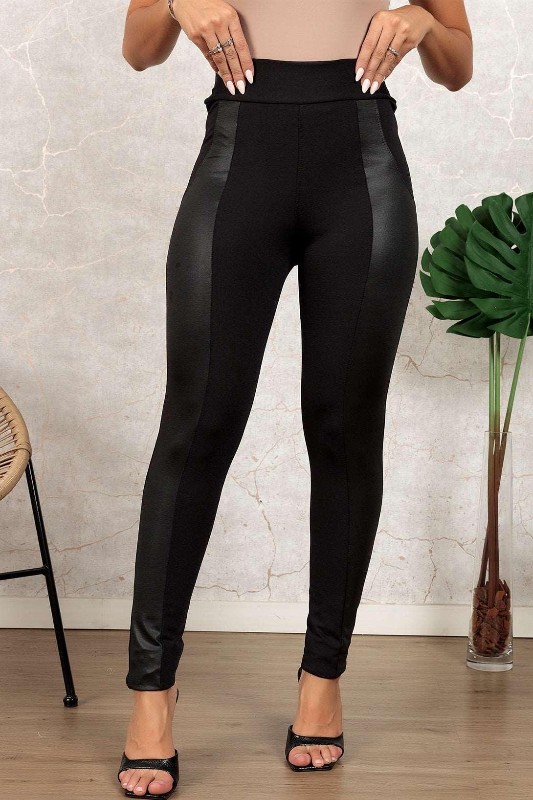 Women's Black Leather Panel Patchwork High Waist Leggings - Black - Leggings