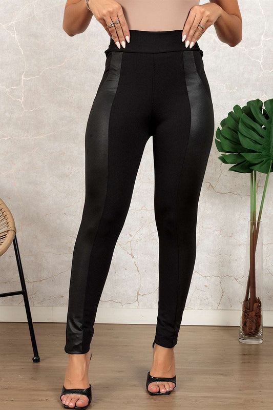 Women's Black Leather Panel Patchwork High Waist Leggings - Fit4Goals.com