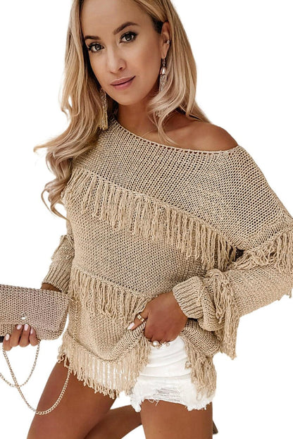 Women's Khaki Boho Fringe Tasseled Knitted Sweater - - Sweaters