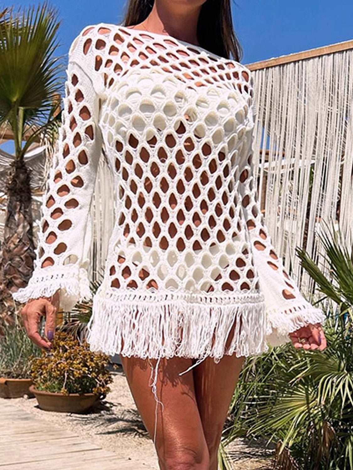 Fringe Cutout Long Sleeve Cover Up - - Women's Fashion - Women's Clothing - Tops & Tees - Tank Tops