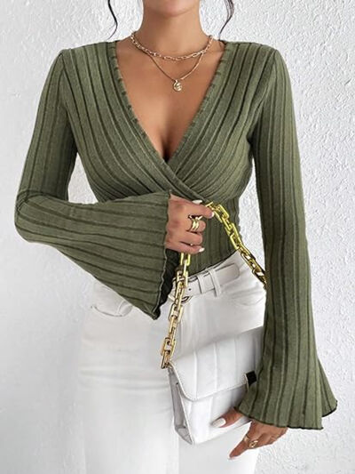 Ribbed Flare Sleeve Top - - clothing top