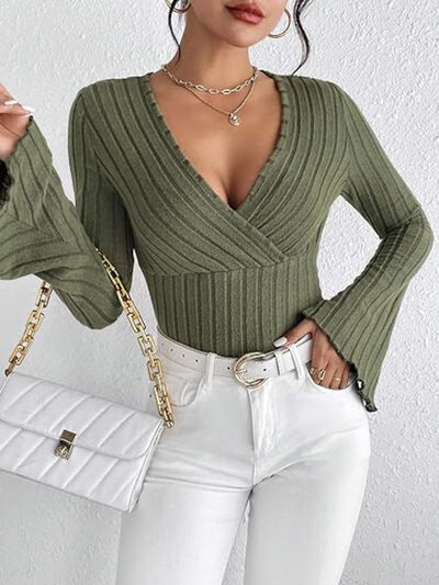 Ribbed Flare Sleeve Top - Army Green - clothing top