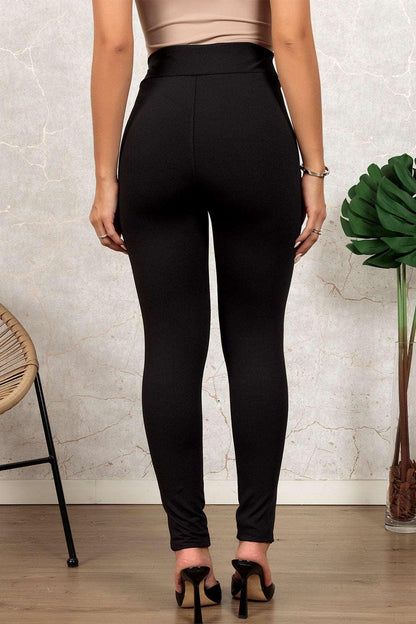 Women's Black Leather Panel Patchwork High Waist Leggings - - Leggings