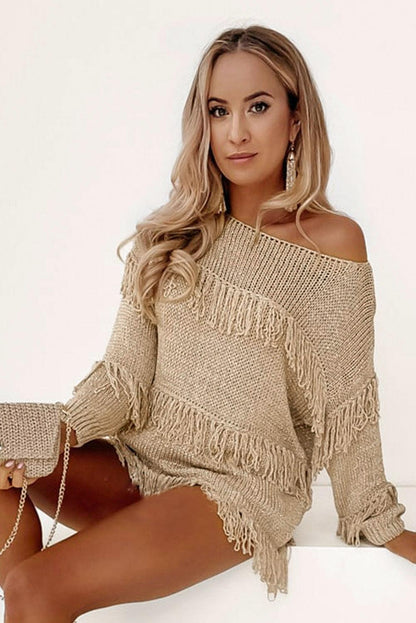 Women's Khaki Boho Fringe Tasseled Knitted Sweater - - Sweaters