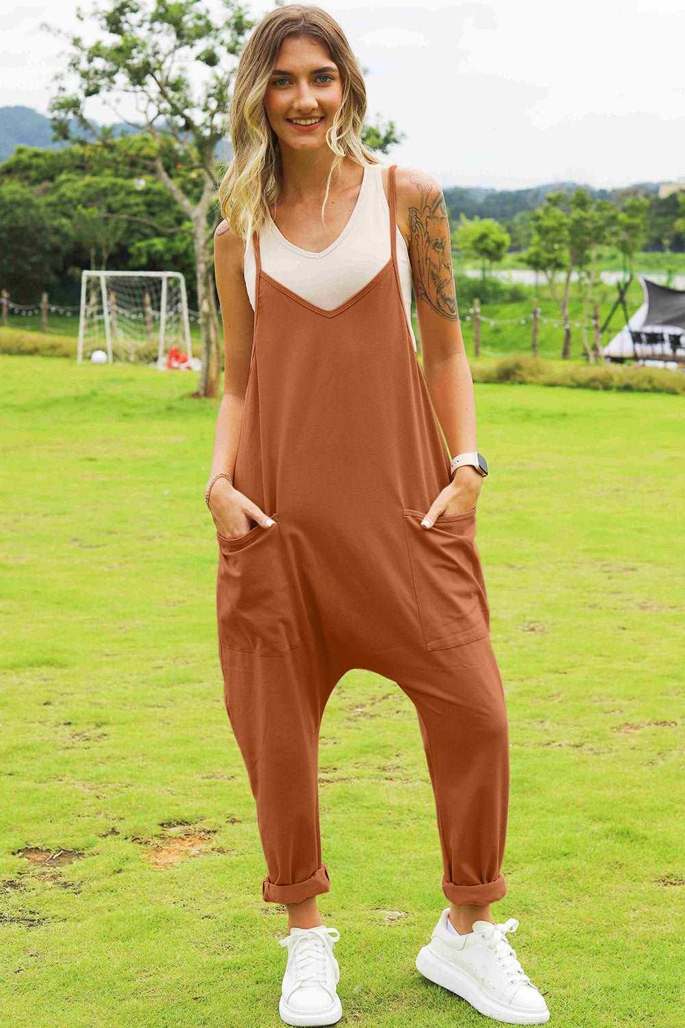 Double Take Full Size Sleeveless V-Neck Pocketed Jumpsuit ! - Ochre - Women's Fashion - Women's Clothing - Bottoms - Leggings